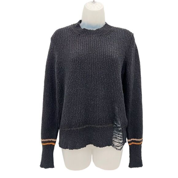 Raquel Allegra Pullover Sweater Size 1 Black Knit Cotton Long Sleeve Distressed - Picture 3 of 14